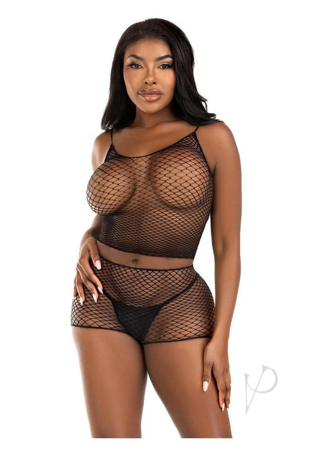 Leg Avenue Twist Net Tank Top and Boy Shorts (2 Piece) - O/S - Black