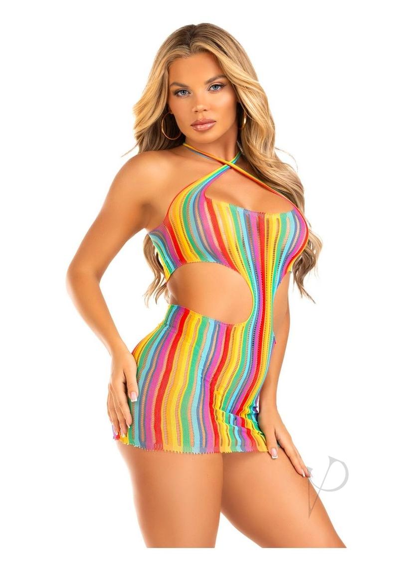 Leg Avenue Rainbow Stripe Cross-Over Halter Mini Dress - OS - Multicolor