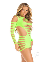 Leg Avenue Opaque Shredded Cut-Out Mini Dress - OS - Neon Green