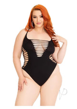 Leg Avenue Seamless Shredded Racer Back Thong Bodysuit - 1X-2X - Black