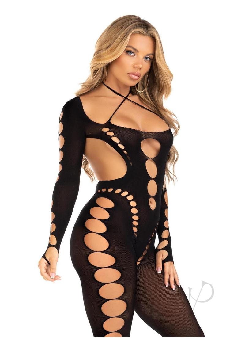 Leg Avenue Seamless Opaque Cut-Out Footless Bodystocking - OS - Black