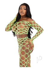 Leg Avenue Hardcore Net Crop Top and Footless Tights (2 Piece) - OS - Neon Green