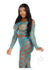 Leg Avenue Hardcore Net Crop Top and Footless Tights (2 Piece) - OS - Turquoise