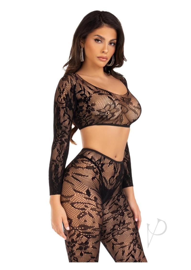 Leg Avenue Seamless Chantilly Lace Crop Top and Footless Tights (2 Piece) - OS - Black