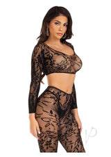 Leg Avenue Seamless Chantilly Lace Crop Top and Footless Tights (2 Piece) - OS - Black