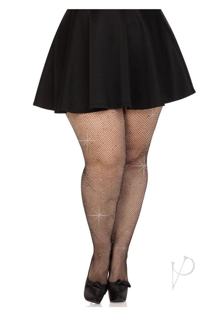 Leg Avenue Fishnet Crystalized Tights with Multi Sized Iridescent Rhinestones - Plus Size - Black