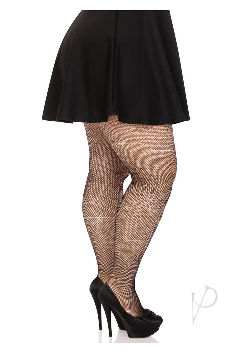 Leg Avenue Fishnet Crystalized Tights with Multi-Sized Iridescent Rhinestones - Plus Size - Black