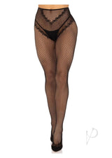 Leg Avenue French Cut Crotchless Fishnet Tights with Heart Backseam and Faux Lace Up Back - O/S - Black