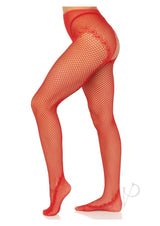 Leg Avenue French Cut Crotchless Fishnet Tights with Heart Backseam and Faux Lace Up Back - OS - Red