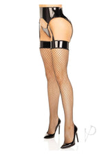 Leg Avenue Vinyl Garter Belt with Attached Fishnet Stockings and Matching G-String Panties (2 Piece) - Small/Medium - Black