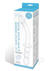 Glas Girthy Ribbed G-Spot Glass Dildo with Handle Grip Double End 12in - Clear