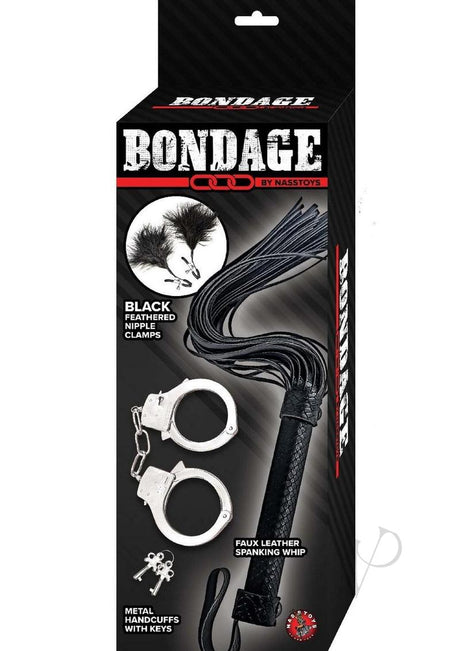 Nasstoys Bondage Whip Feather Clamps and Cuffs Kit - Black