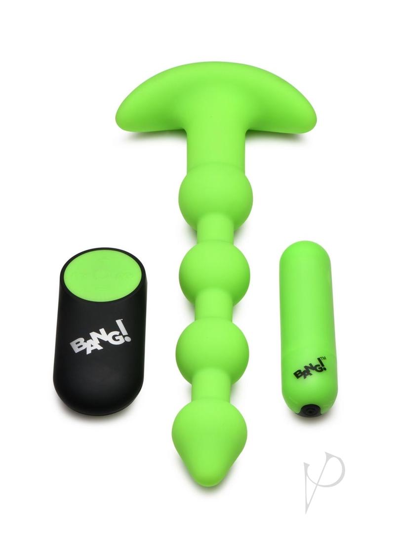 Bang! 28X Glow in the Dark Silicone Rechargeable Anal Beads with Remote Control - Green