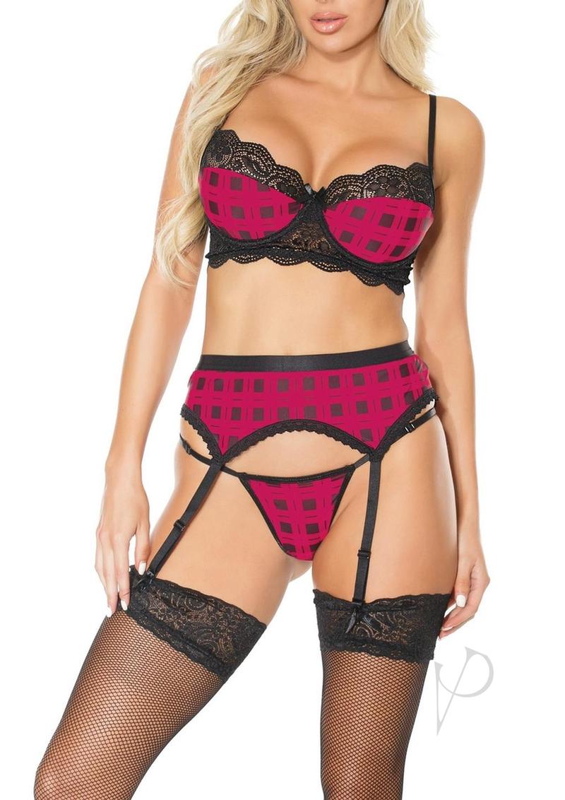 Pink Pussycat Plaid Bra, Garter Belt and G-String - Large - Pink/Black