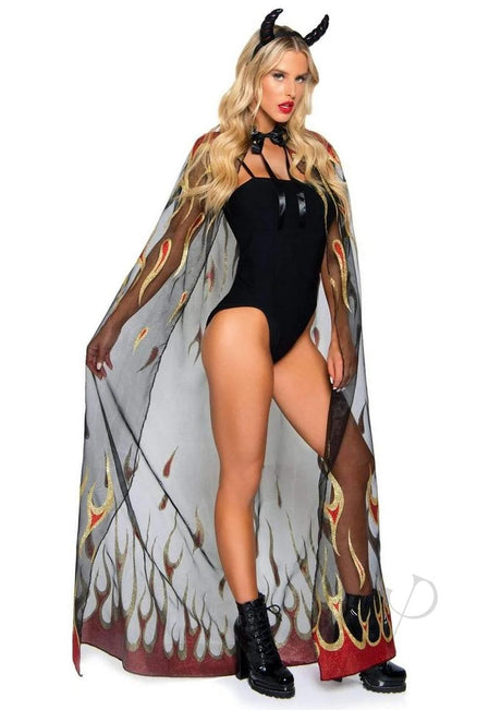 Leg Avenue Sheer glitter Flame Devil Cape and Devil Horns (2 Piece) - O/S - Black