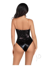 Leg Avenue Sequin Boned Snap Crotch Bodysuit with Detachable Clear Strap (2 Piece) - Small - Black