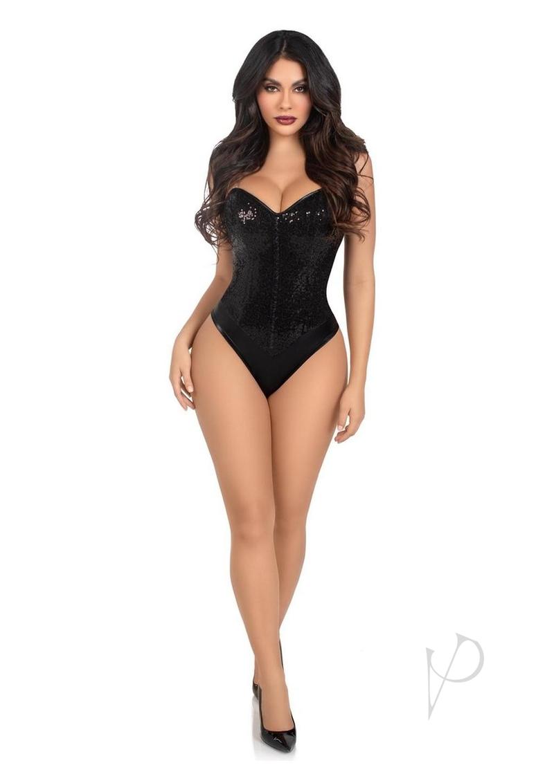 Leg Avenue Sequin Boned Snap Crotch Bodysuit with Detachable Clear Strap (2 Piece) - Small - Black