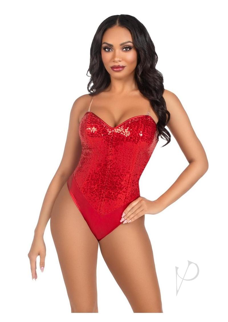 Leg Avenue Sequin Boned Snap Crotch Bodysuit with Detachable Clear Strap (2 Piece) - Medium - Red