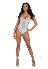 Leg Avenue Sequin Boned Snap Crotch Bodysuit with Detachable Clear Strap (2 Piece) - Small - Silver