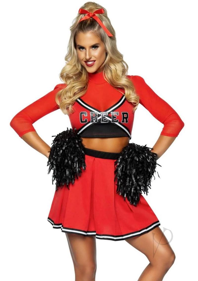 Leg Avenue Varsity Babe Set Crop Top with Cheer Logo, Pleated Skirt, and Pom Poms (3 Piece) - S/M - Red