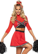 Leg Avenue Varsity Babe Set Crop Top with Cheer Logo, Pleated Skirt, and Pom Poms (3 Piece) - S/M - Red