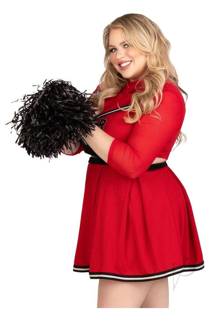 Leg Avenue Varsity Babe Set Crop Top with Cheer Logo, Pleated Skirt, and Pom Poms (3 Piece) - 3X/4X - Red