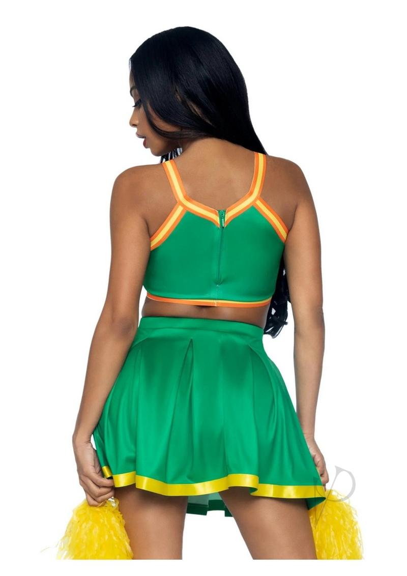 Leg Avenue Bring It Baddie Set Top with Cheer Logo, Pleated Skirt and Pom Pom (3 Piece) - Extra Small - Green