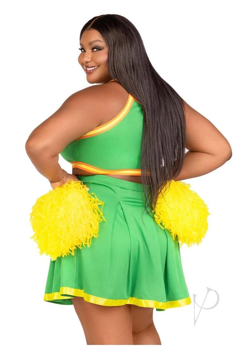 Leg Avenue Bring It Baddie Set Top with Cheer Logo, Pleated Skirt and Pom Pom (3 Piece) - 3X/4X - Green