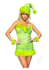 Leg Avenue Christmas Baddie Set Ruched Velvet Dress with Tie Back Halter Straps and Fur Trim, Wrist Cuffs, and Hat (3 Piece) - Medium - Green