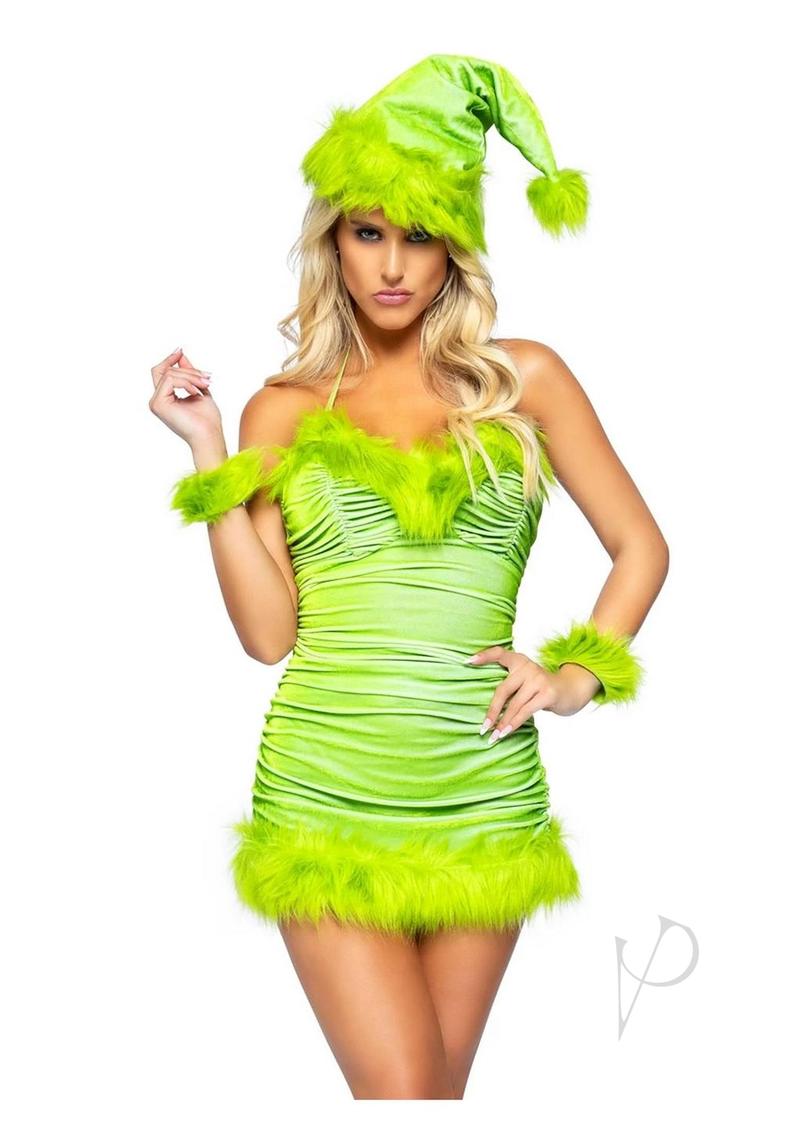 Leg Avenue Christmas Baddie Set Ruched Velvet Dress with Tie Back Halter Straps and Fur Trim, Wrist Cuffs, and Hat (3 Piece) - Medium - Green