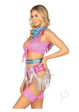Leg Avenue Space Cowgirl Set Bandana Print Tie Front Crop Top with Fringe Trim, High Waist Bottoms with Attached Chaps, Belt with Fringe Detail, and Neck Bandana (4 Piece) - Large - Multicolor