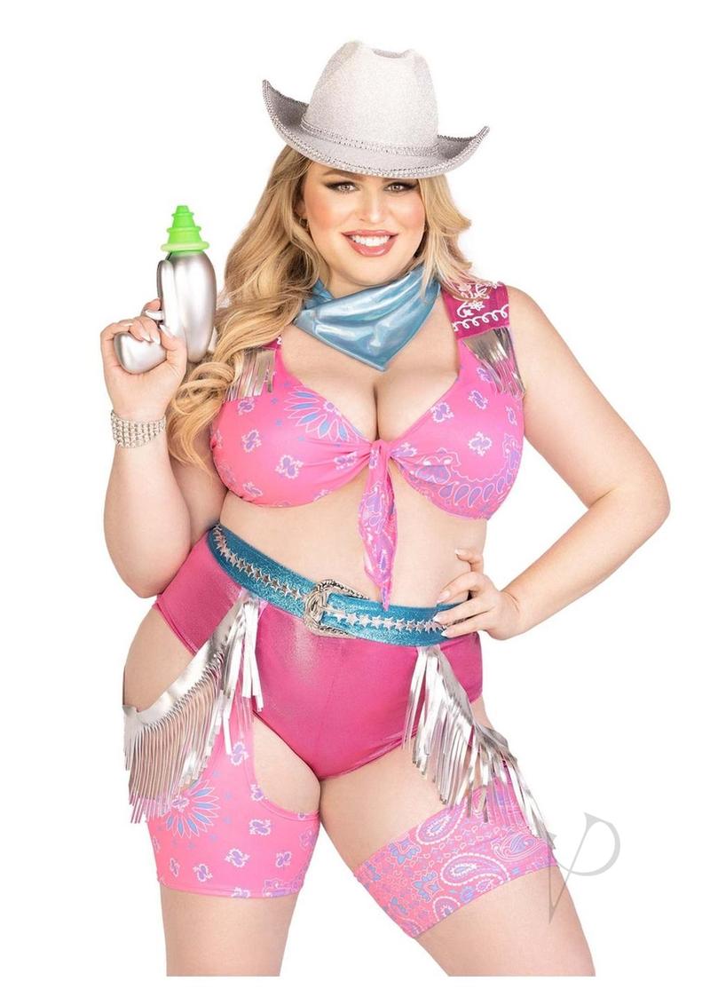 Leg Avenue Space Cowgirl Set Bandana Print Tie Front Crop Top with Fringe Trim, High Waist Bottoms with Attached Chaps, Belt with Fringe Detail, and Neck Bandana (4 Piece) - 3X/4X - Multicolor