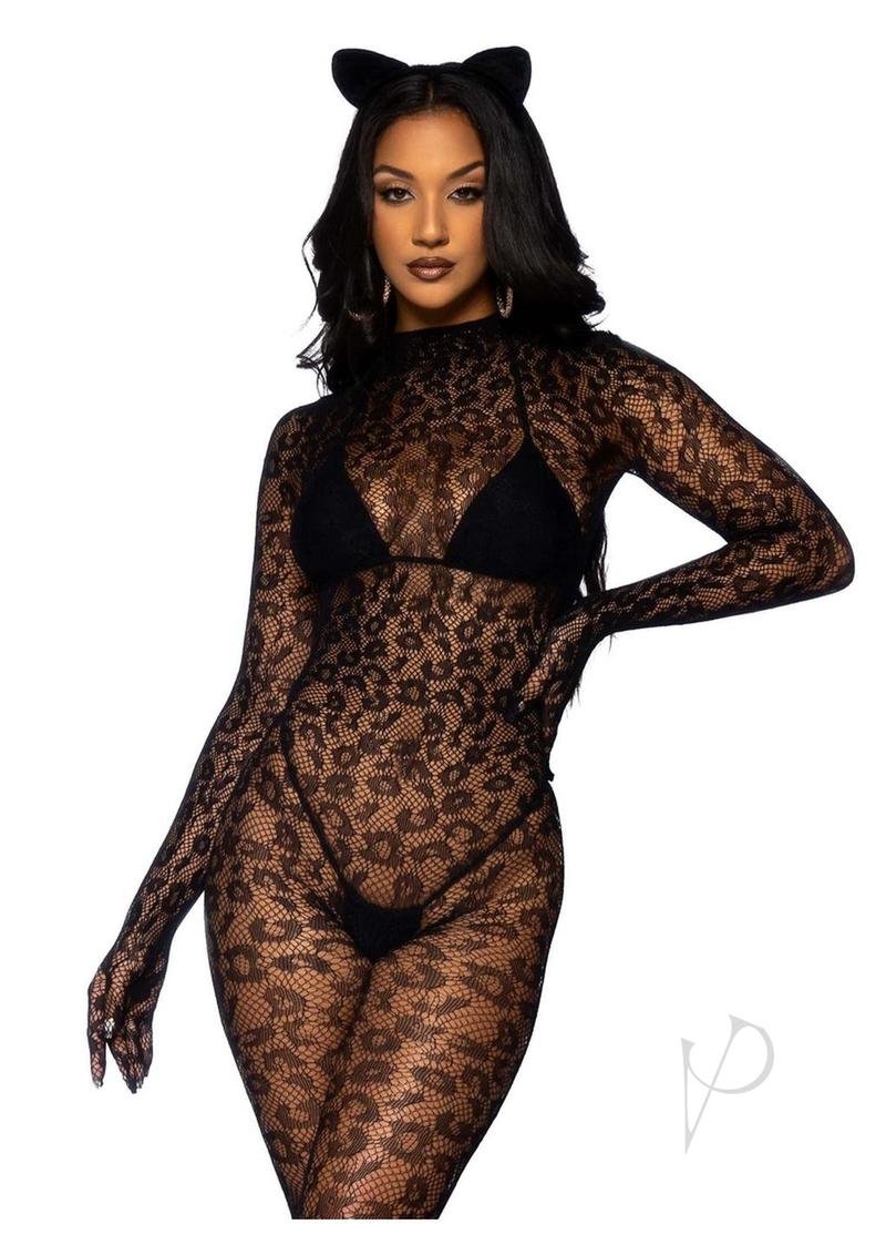 Leg Avenue Seamless Leopard Net Gloved Catsuit - O/S - Black