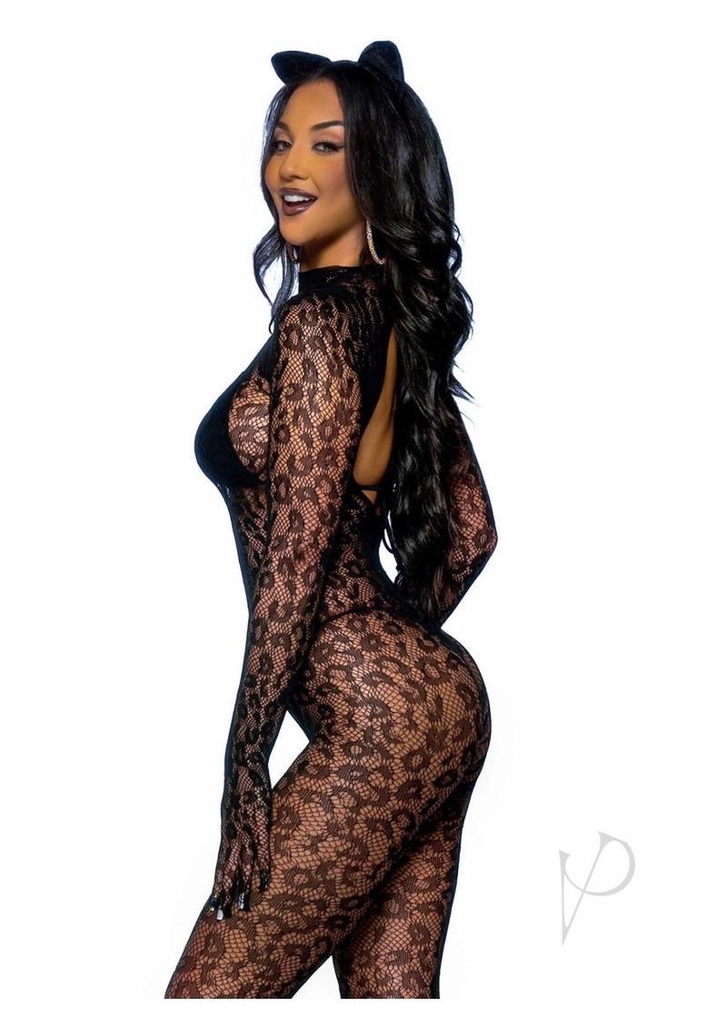 Leg Avenue Seamless Leopard Net Gloved Catsuit - O/S - Black