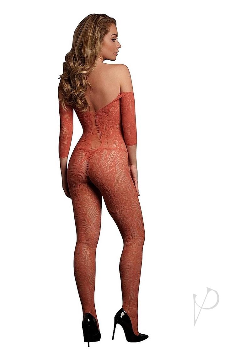 Le Desir Lace Long Sleeved Bodystocking - O/S - Sunset Glow Orange