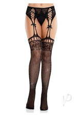 Leg Avenue Rhinestone Lace Top Fishnet Stockings with Attached Garter Belt - OS - Black