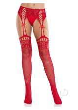 Leg Avenue Rhinestone Lace Top Fishnet Stockings with Attached Garter Belt - OS - Red