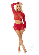 Leg Avenue Rhinestone Lace and Net Crop Top with Heart Keyhole Detail and Mini Skirt (2 Piece) - OS - Red