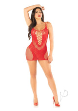 Leg Avenue Lace and Net Mini Dress with Dual Strap Detail - OS - Red