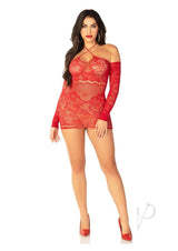 Leg Avenue Seamless Lace Net Off the Shoulder Mini Dress with Twist Halter Strap - OS - Red