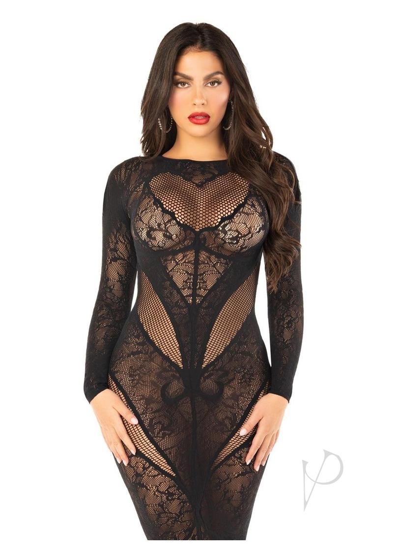 Leg Avenue Lace and Net Body Con Gown with Heart Keyhole Detail - OS - Black