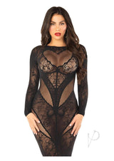 Leg Avenue Lace and Net Body Con Gown with Heart Keyhole Detail - OS - Black