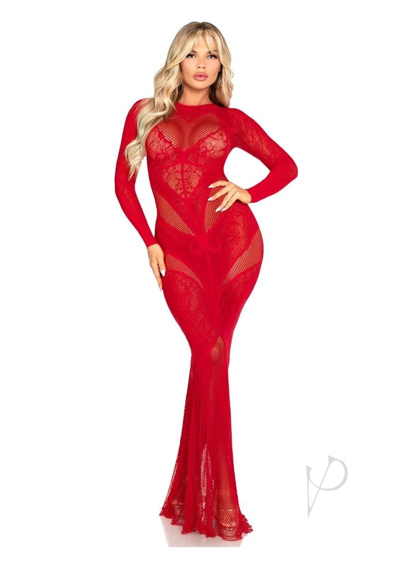 Leg Avenue Lace and Net Body Con Gown with Heart Keyhole Detail - OS - Red