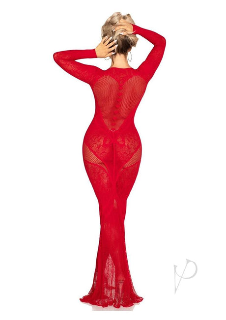 Leg Avenue Lace and Net Body Con Gown with Heart Keyhole Detail - OS - Red