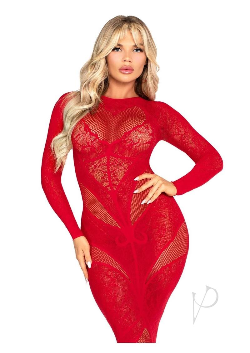 Leg Avenue Lace and Net Body Con Gown with Heart Keyhole Detail - OS - Red