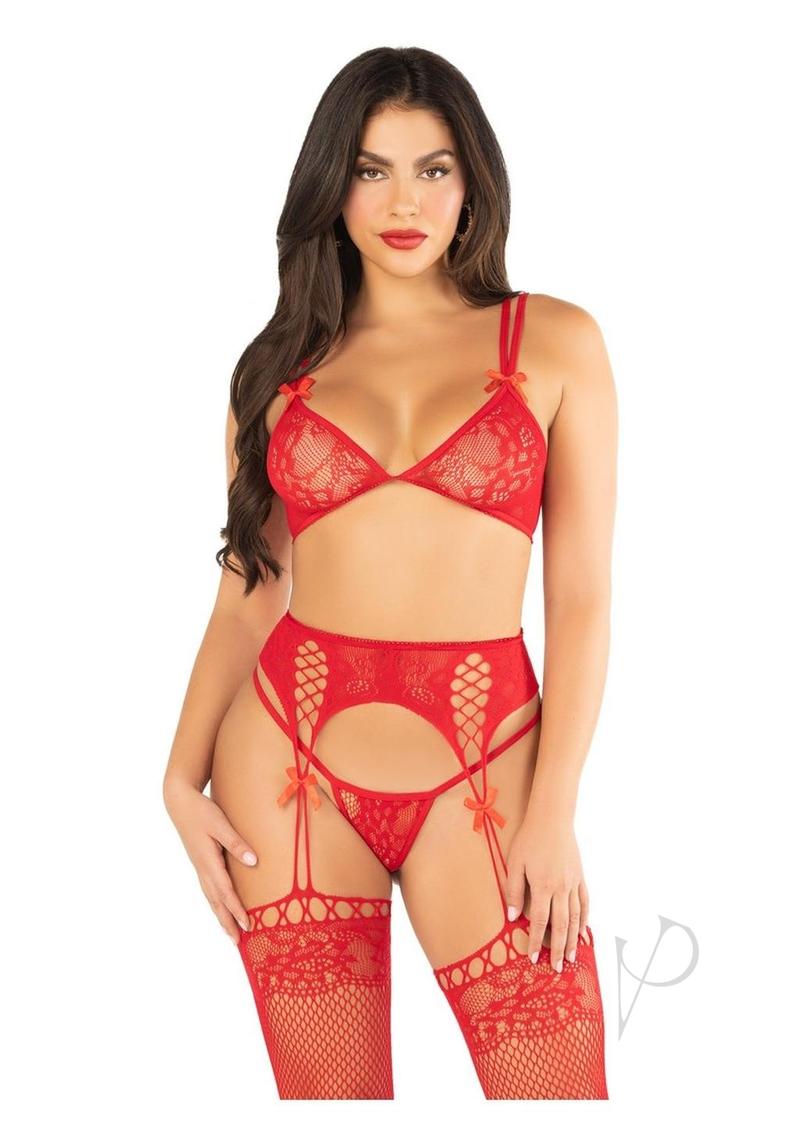 Leg Avenue Lace Bra Top with Dual Strap Detail, G-String Panty and Lace Top Garter Belt Stockings (3 Piece) - OS - Red