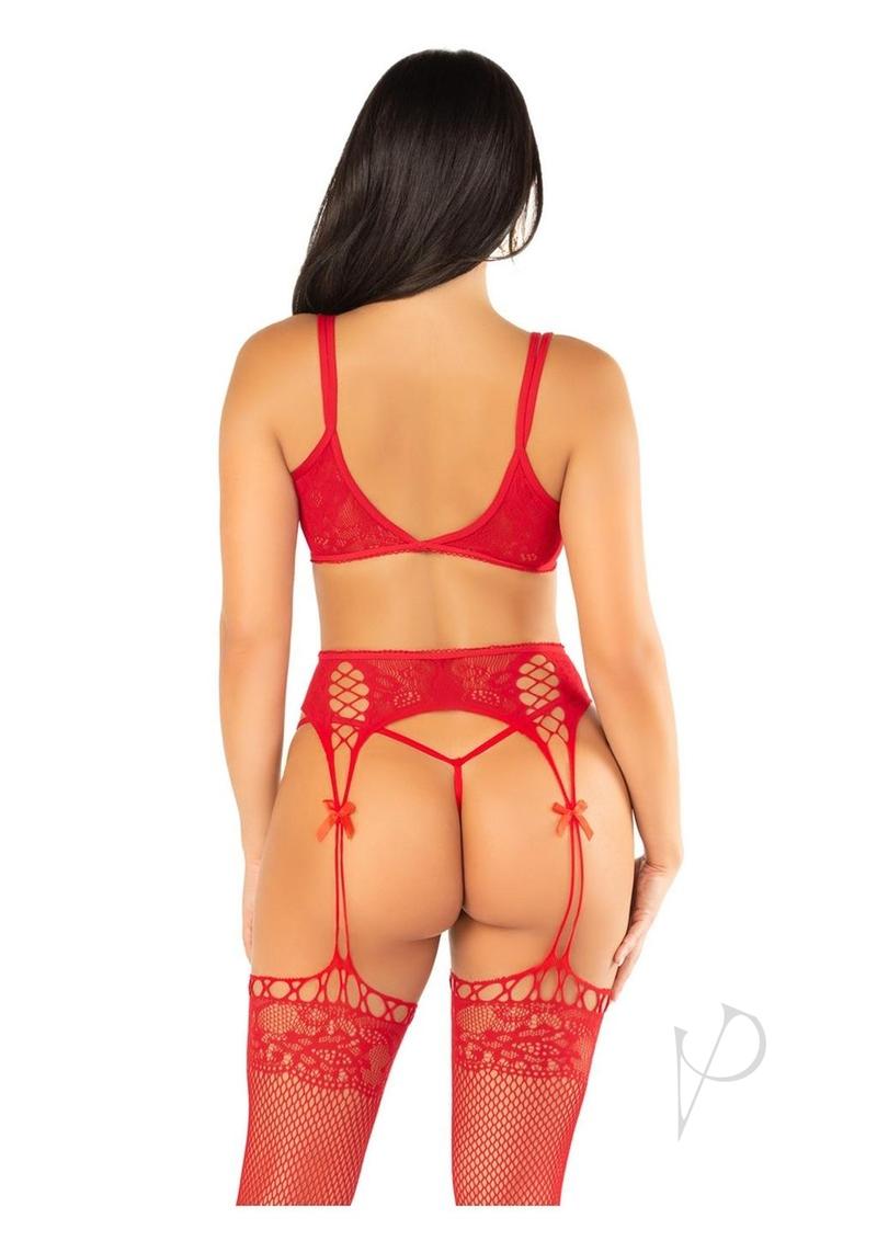 Leg Avenue Lace Bra Top with Dual Strap Detail, G-String Panty and Lace Top Garter Belt Stockings (3 Piece) - OS - Red