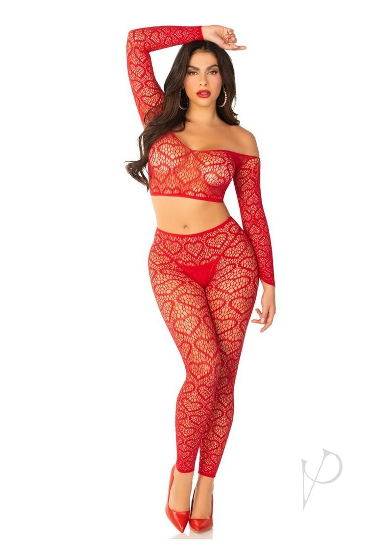 Leg Avenue Heart Net Off the Shoulder Crop Top and Footless Tights (2 Piece) - OS - Red