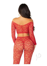 Leg Avenue Heart Net Off the Shoulder Crop Top and Footless Tights (2 Piece) - OS - Red