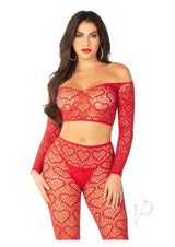 Leg Avenue Heart Net Off the Shoulder Crop Top and Footless Tights (2 Piece) - OS - Red